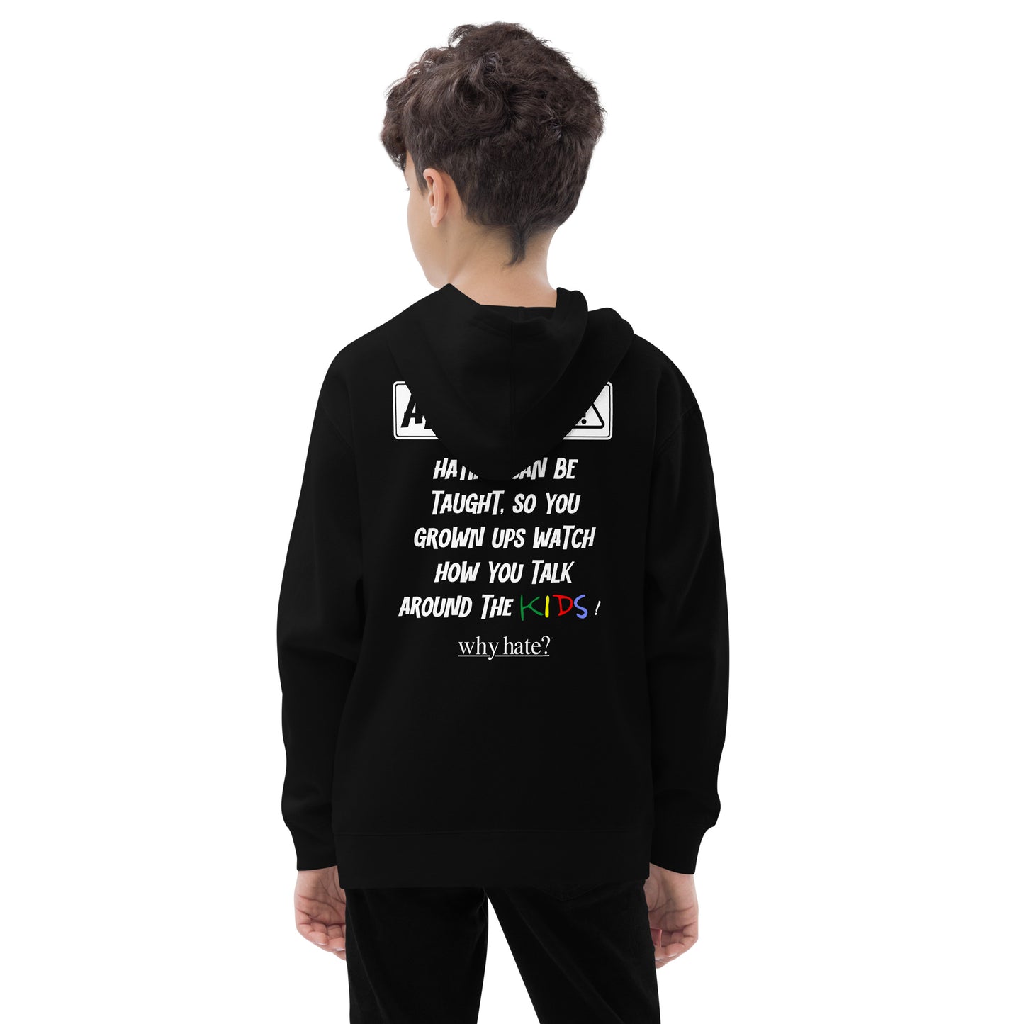 why hate? (Kids) White Print / Black youth hoodie