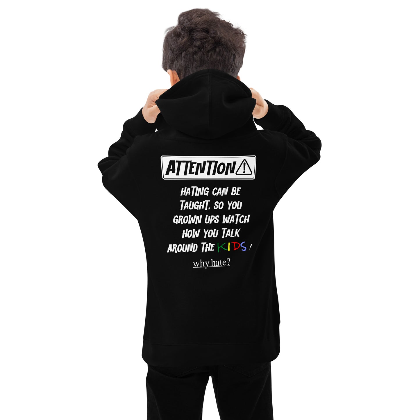 why hate? (Kids) White Print / Black youth hoodie