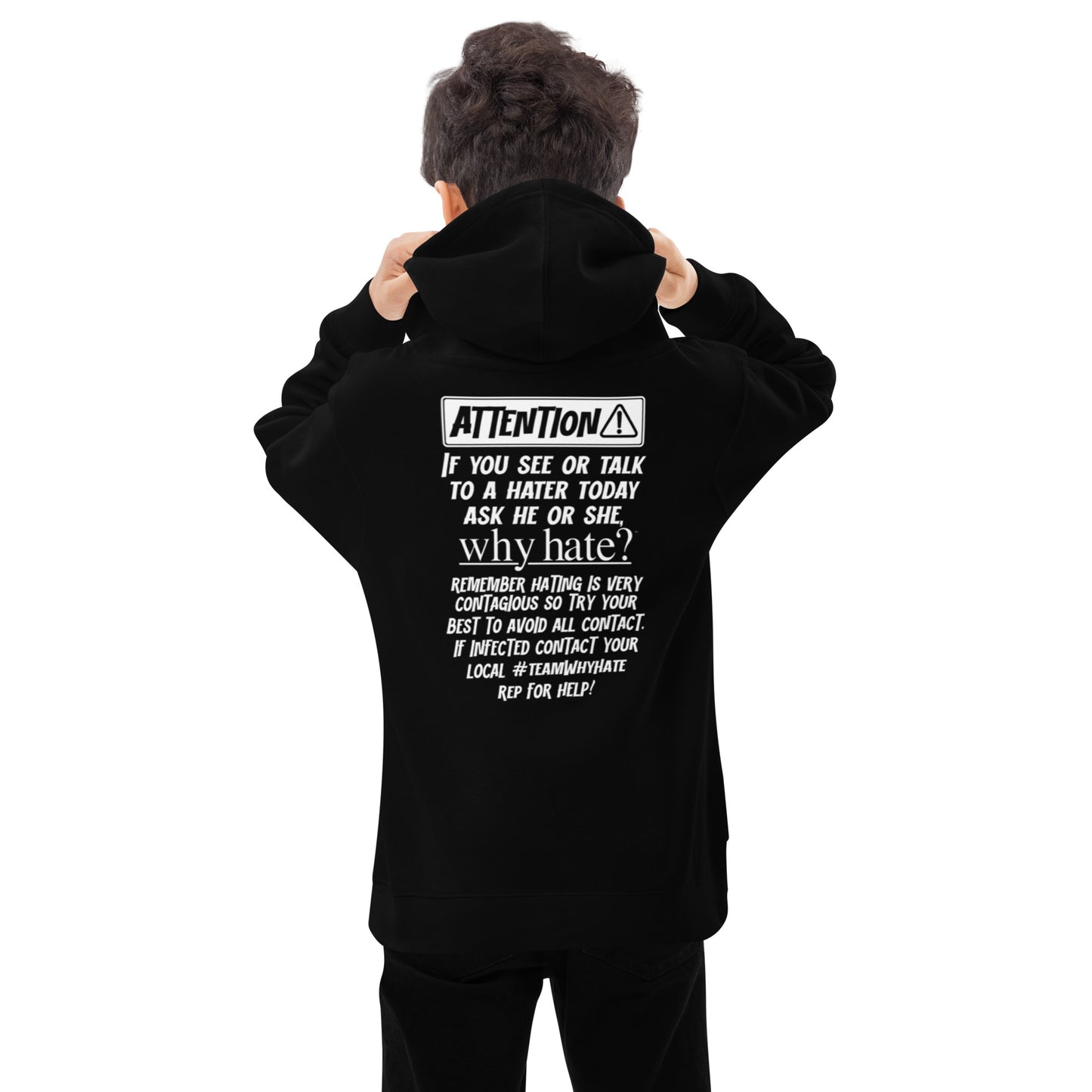 why hate? (Classic) White Print / Black youth hoodie