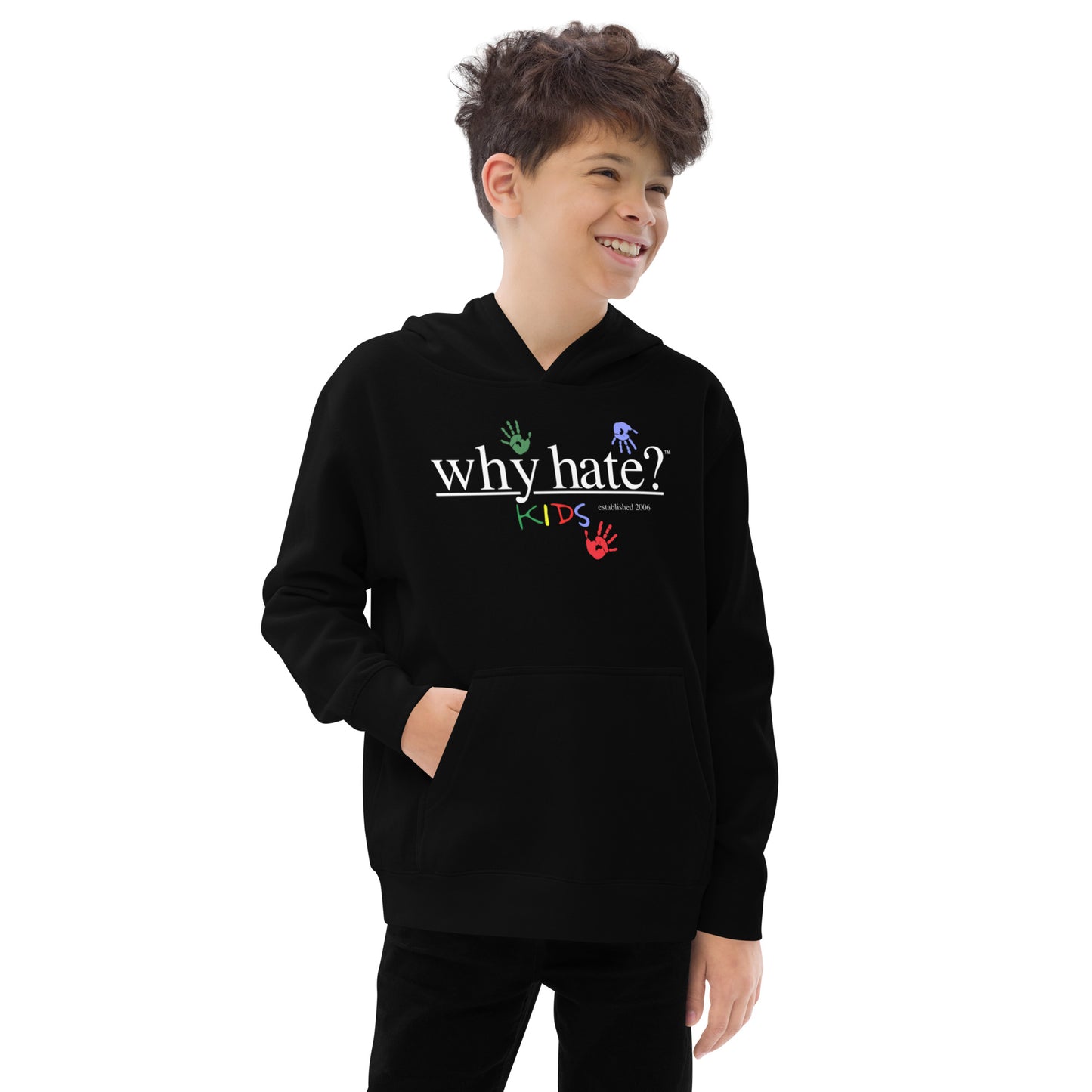 why hate? (Kids) White Print / Black youth hoodie