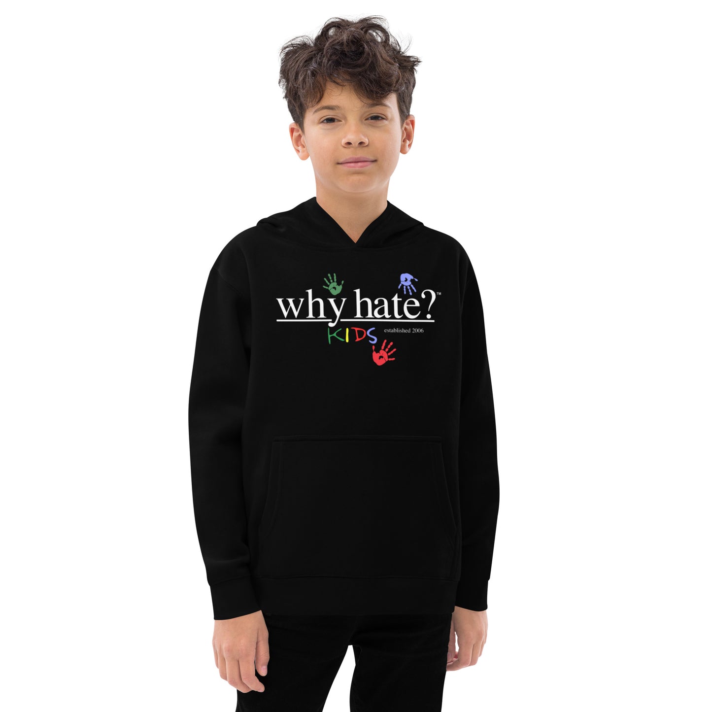 why hate? (Kids) White Print / Black youth hoodie