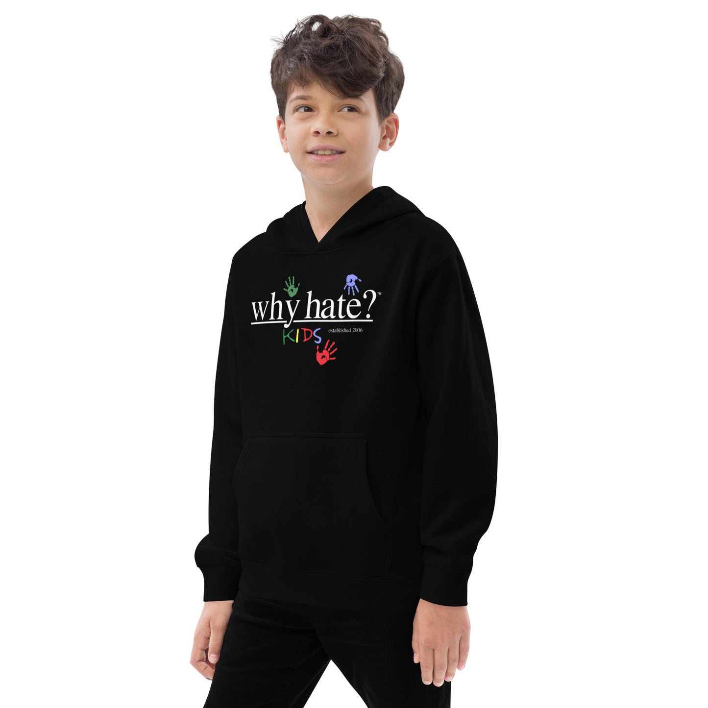 why hate? (Kids) White Print / Black youth hoodie